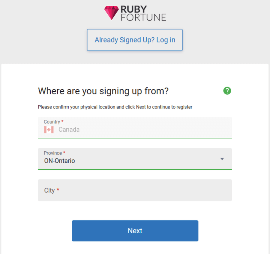 Ruby Fortune Registration